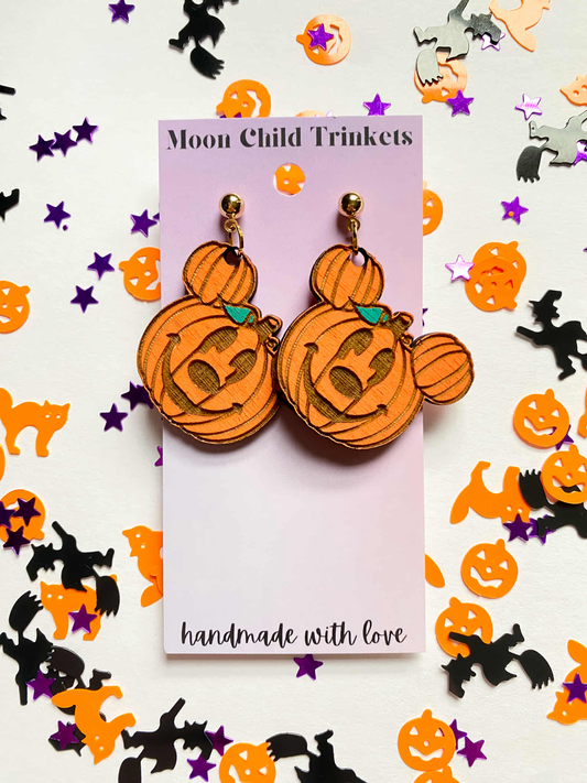 Mickey Mouse Pumpkin Halloween Hand Painted Wood Dangle Earrings