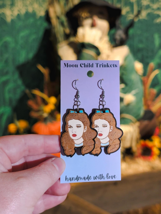 Wizard of Oz Inspired Dorothy Hand Painted Wood Dangle Earrings