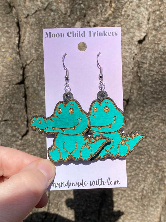 Alligator Kawaii Hand Painted Wood Dangle Earrings image 0