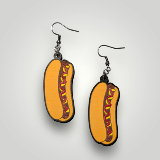 Hot Dog Hand Painted Wood Earrings