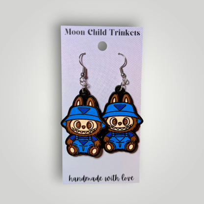Labubu in Overalls Hand Painted Wood Earrings