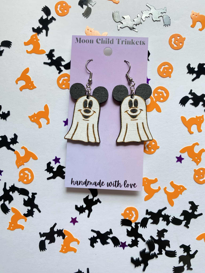 Mickey Mouse Ghost Halloween Hand Painted Wood Dangle Earrings