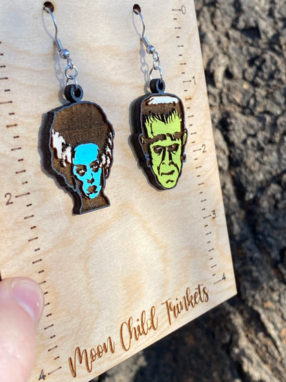 Frankenstein & Bride Of Frankenstein Hand Painted Wood Dangle Earrings image 2
