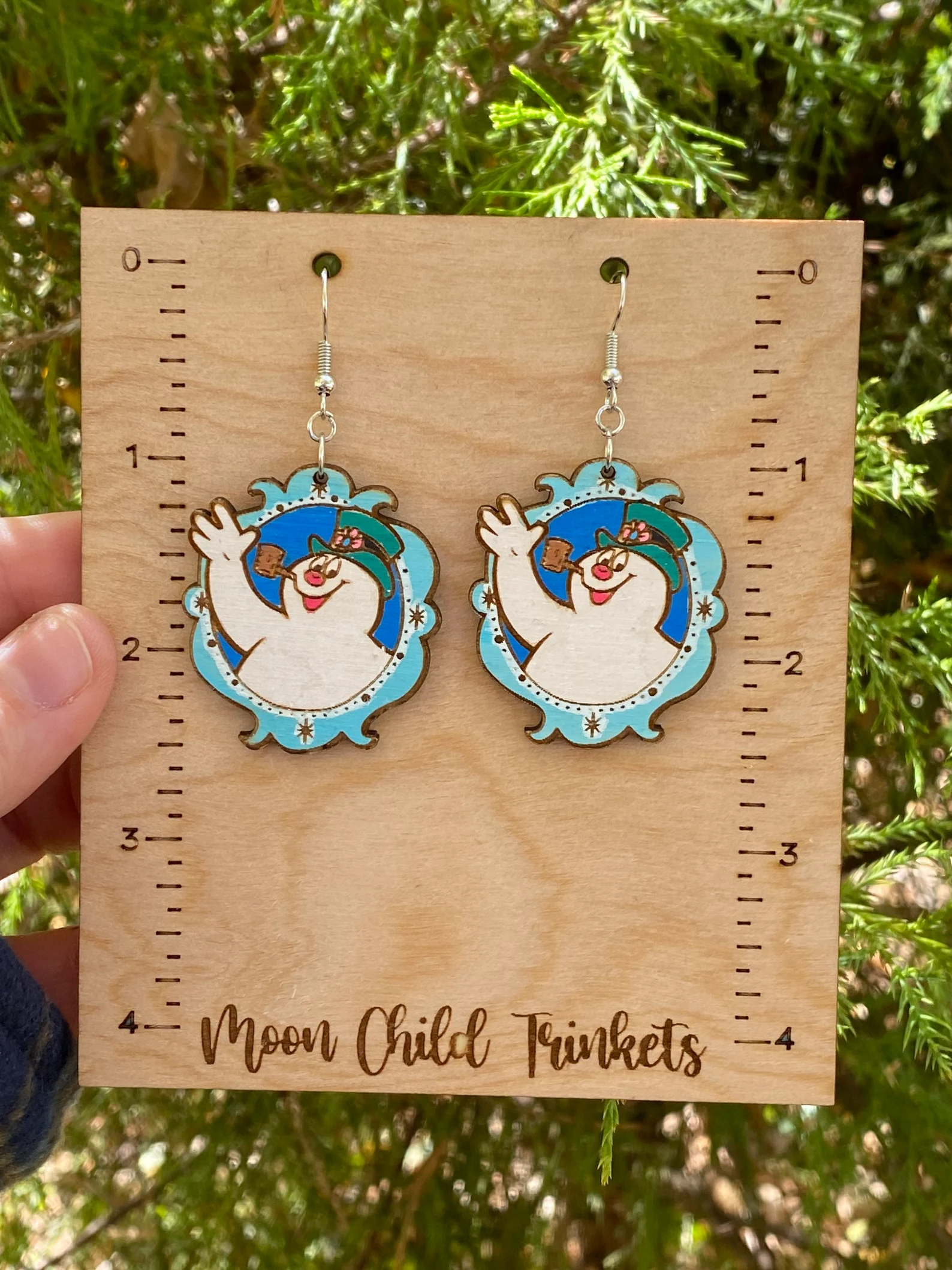 Frosty The Snowman Hand Painted Wooden Drop Earrings image 2