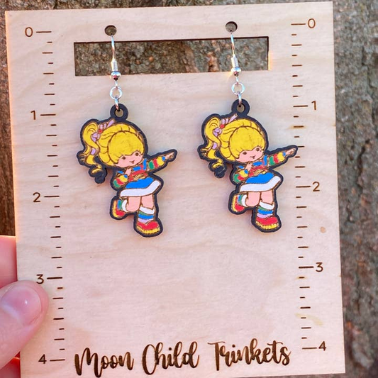 Rainbow Brite Hand Painted Wood Dangle Earrings