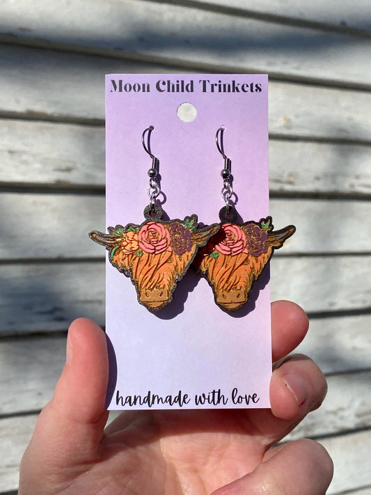 Floral Highland Cow Hand Painted Wood Dangle Earrings image 0