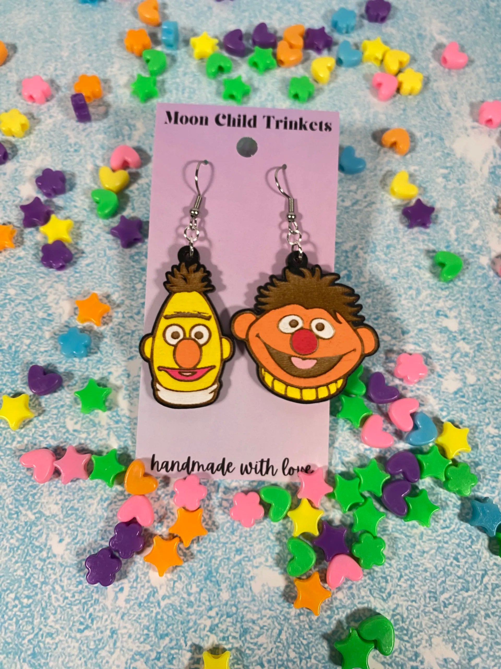 Bert and Ernie Hand Painted Wood Dangle Earrings - Sesame Street Collection image 1