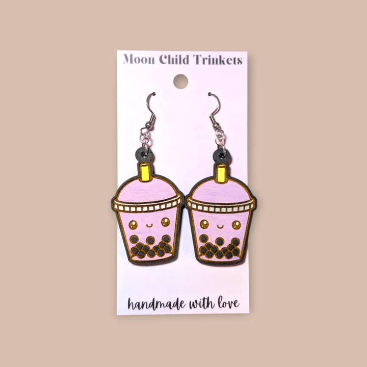 Boba Kawaii Hand Painted Wood Earrings