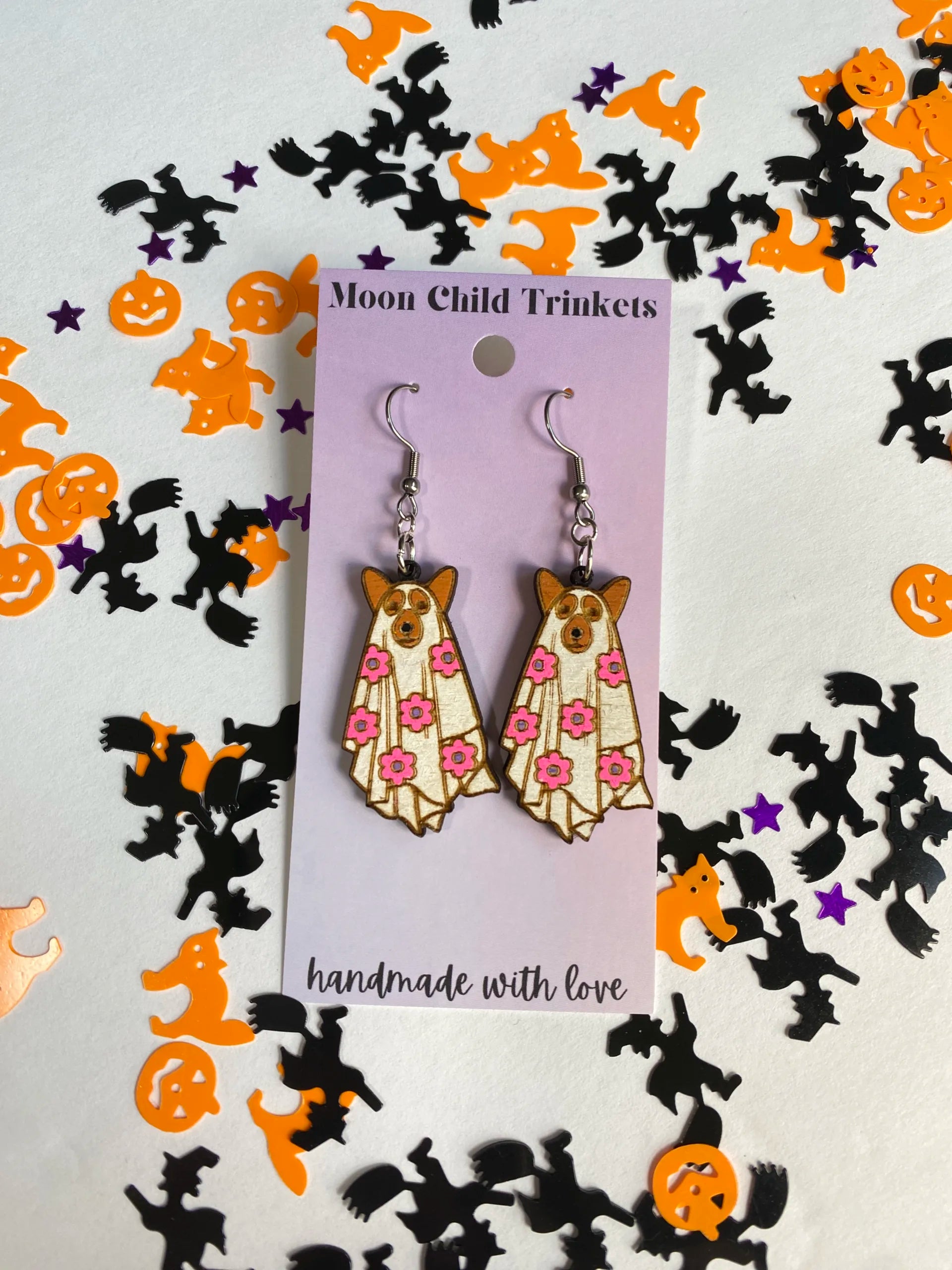 Ghost Dog Pointy Ears Hand Painted Wood Dangle Earrings image 1