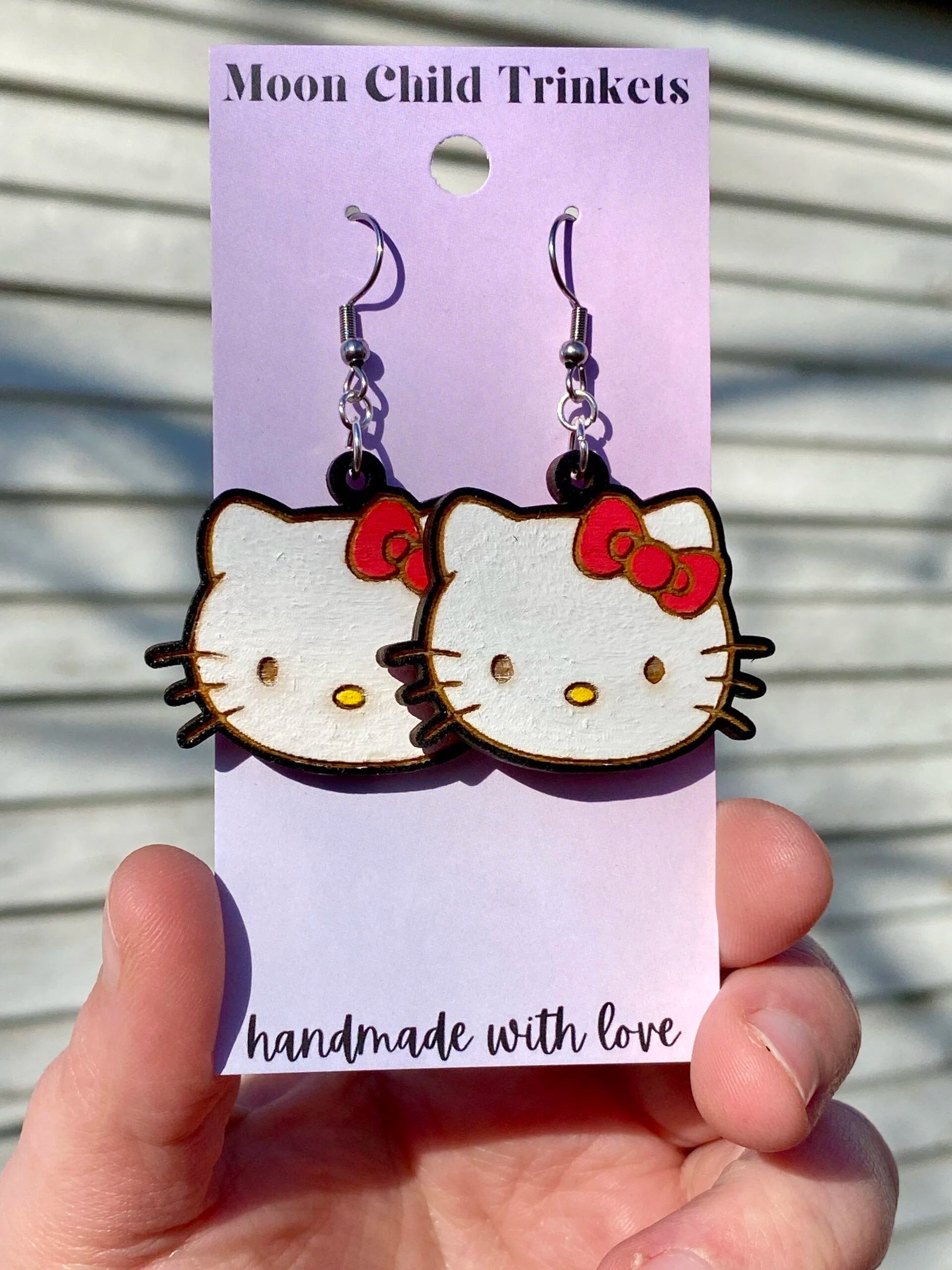 Hello Kitty Hand Painted Wood Dangle Earrings image 1