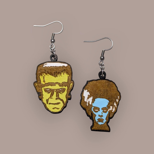 Frankenstein & Bride Of Frankenstein Hand Painted Wood Dangle Earrings