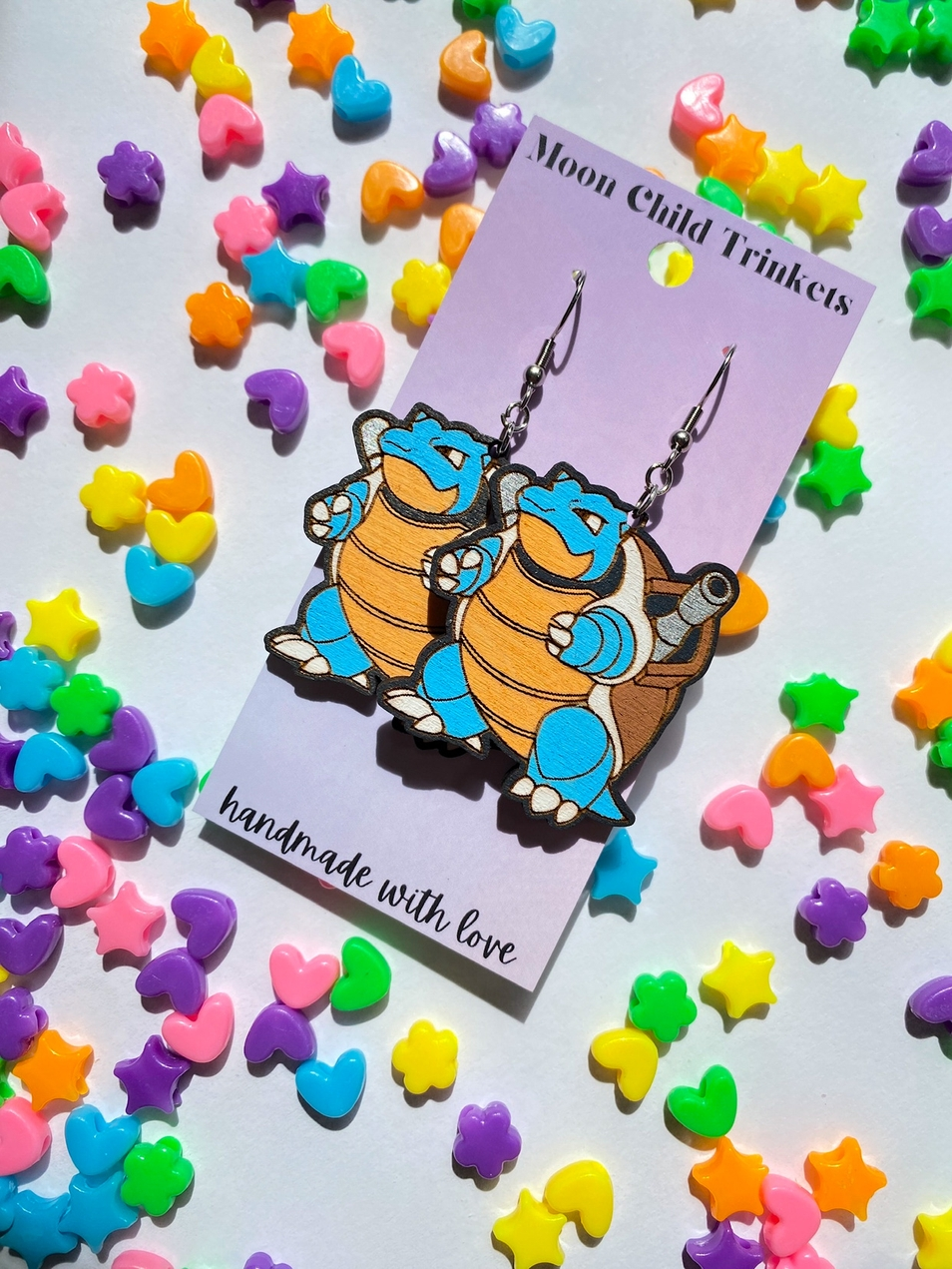 Blastoise Pokemon Hand Painted Wood Dangle Earrings