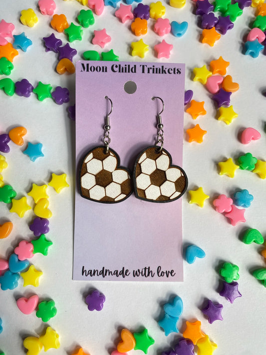 Soccer Heart Hand Painted Wood Dangle Earrings image 0