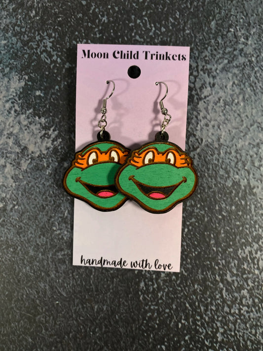 Michaelangelo Ninja Turtle Hand Painted Wood Earrings image 0