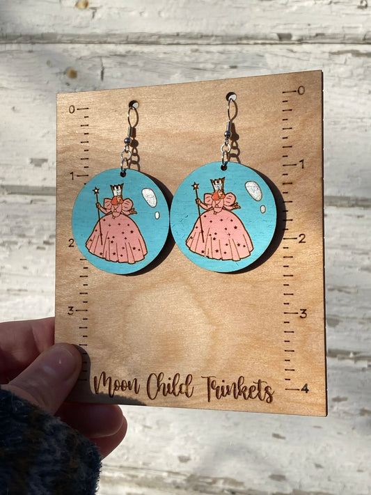 Wizard Of Oz Good Witch of The North Hand Painted Wood Dangle Earrings image 0