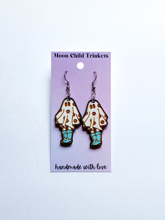 Flower Power Cowgirl Ghost Hand Painted Wood Dangle Earrings image 0