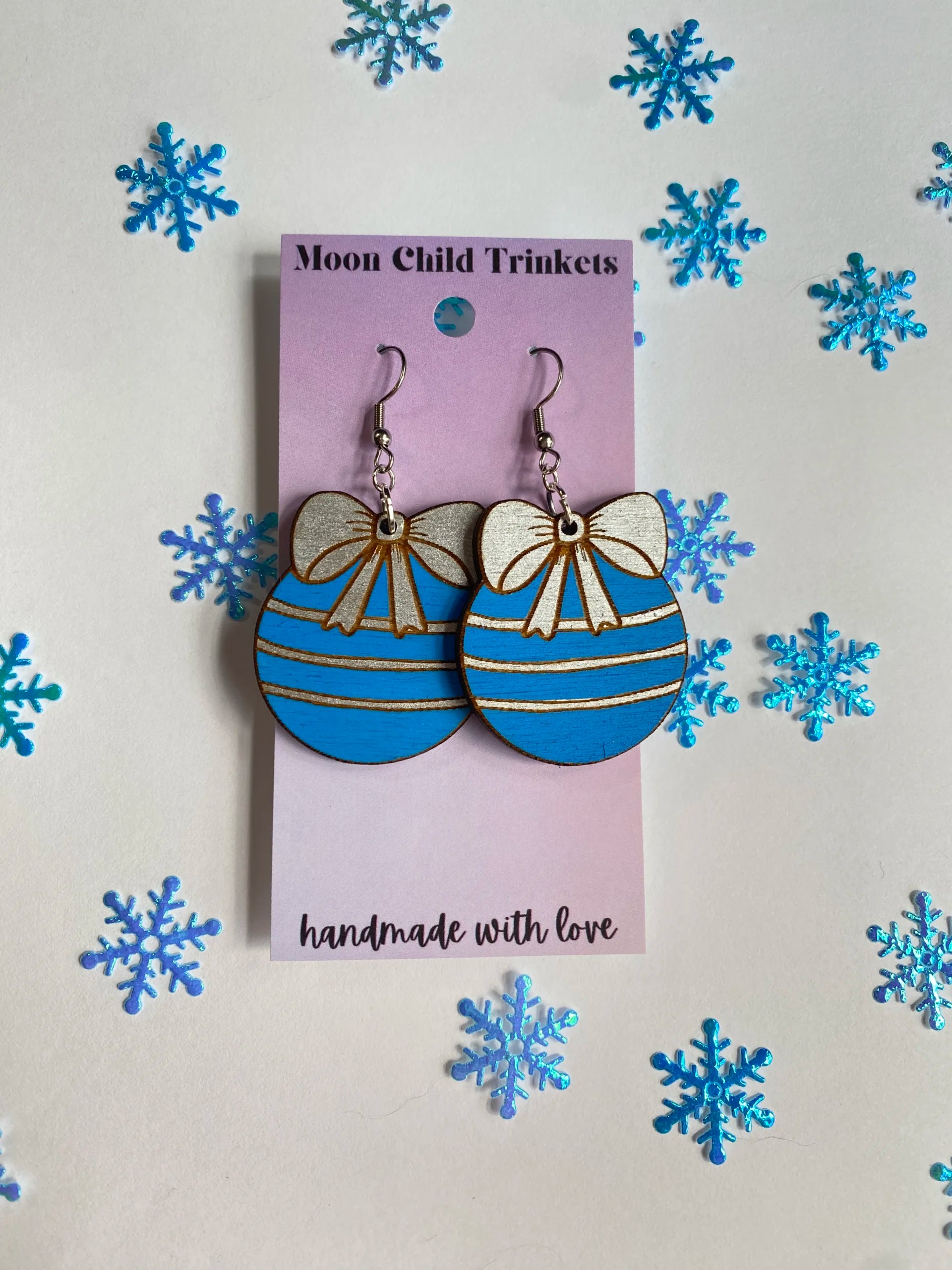 Blue & Silver Christmas Ornament Hand Painted Wood Earrings image 1