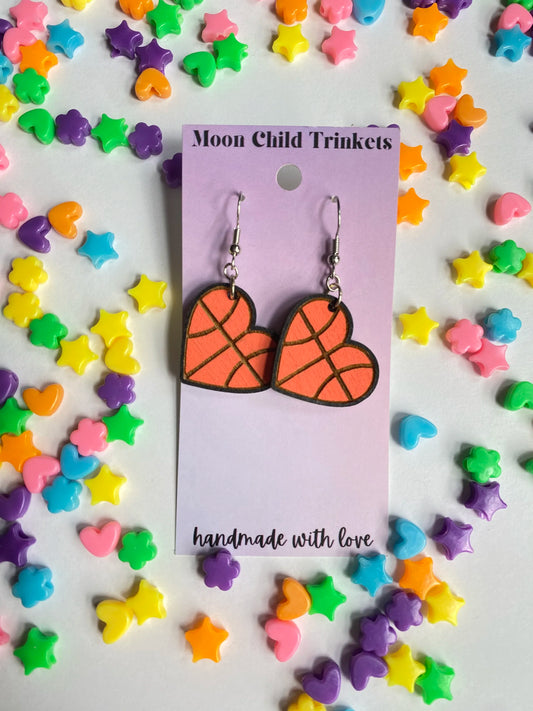 Basketball Heart Hand Painted Wood Dangle Earrings image 0