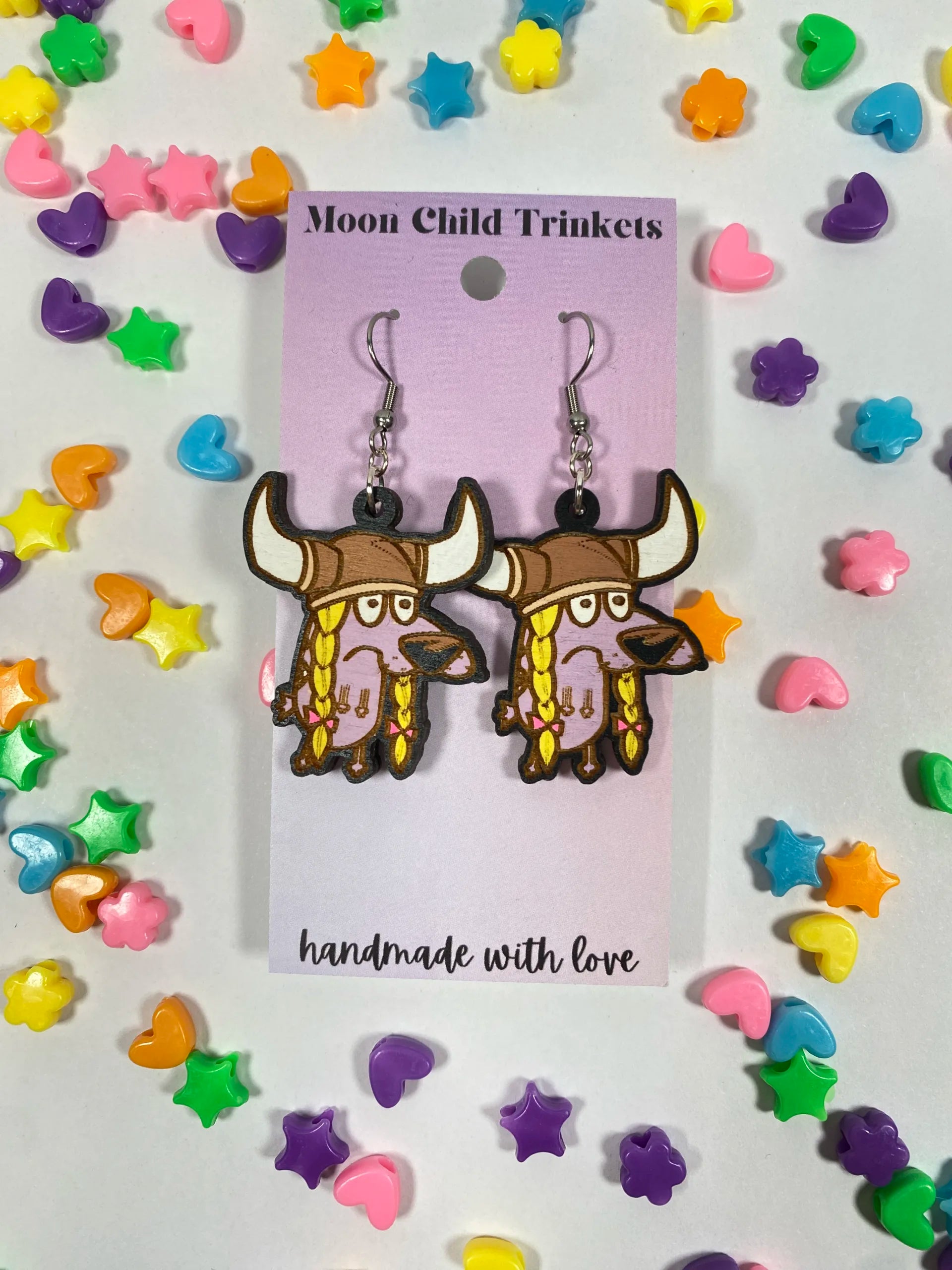 Courage The Cowardly Viking Dog Hand Painted Wood Dangle Earrings image 1