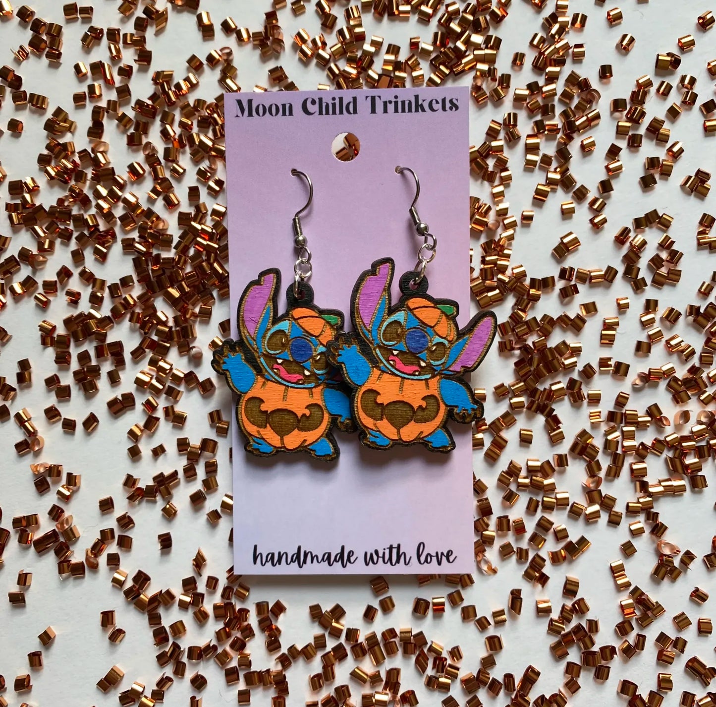 Halloween Pumpkin Stitch Hand Painted Wood Dangle Earrings image 0