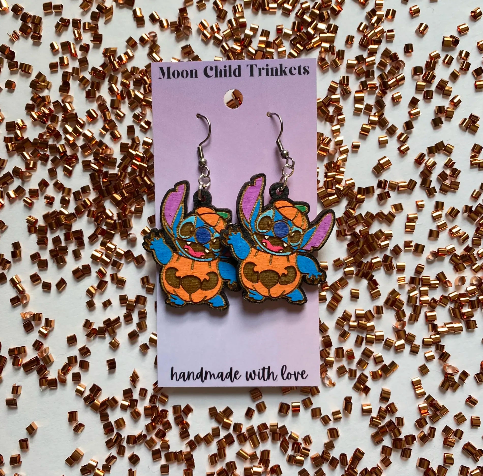 Halloween Pumpkin Stitch Hand Painted Wood Dangle Earrings image 0