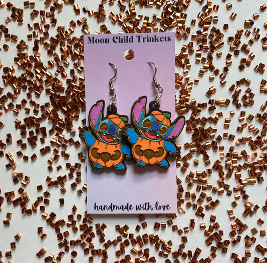 Halloween Pumpkin Stitch Hand Painted Wood Dangle Earrings image 0