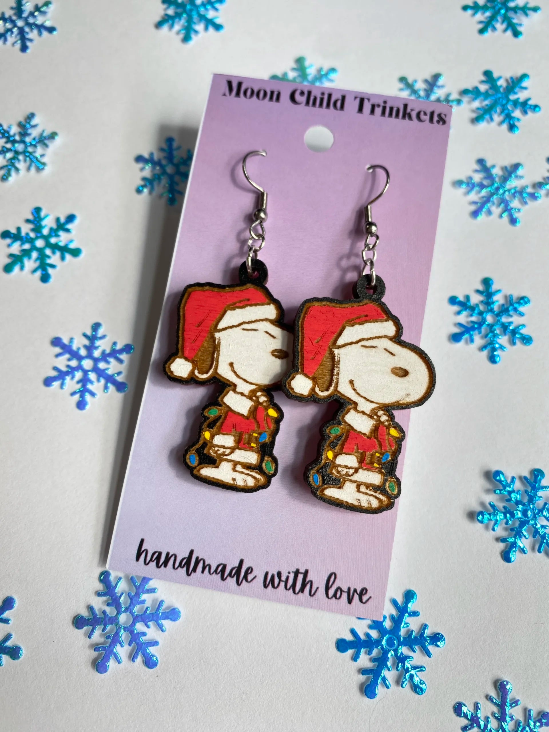 Santa Snoopy Peanuts Hand Painted Wood Dangle Earrings image 1