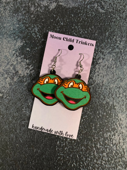 Michaelangelo Ninja Turtle Hand Painted Wood Earrings image 1