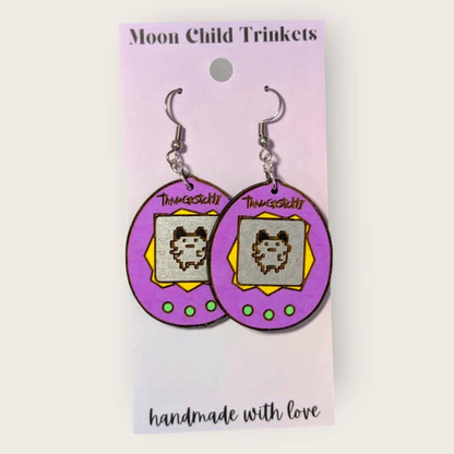 Tamagotchi Hand Painted Wood Dangle Earrings