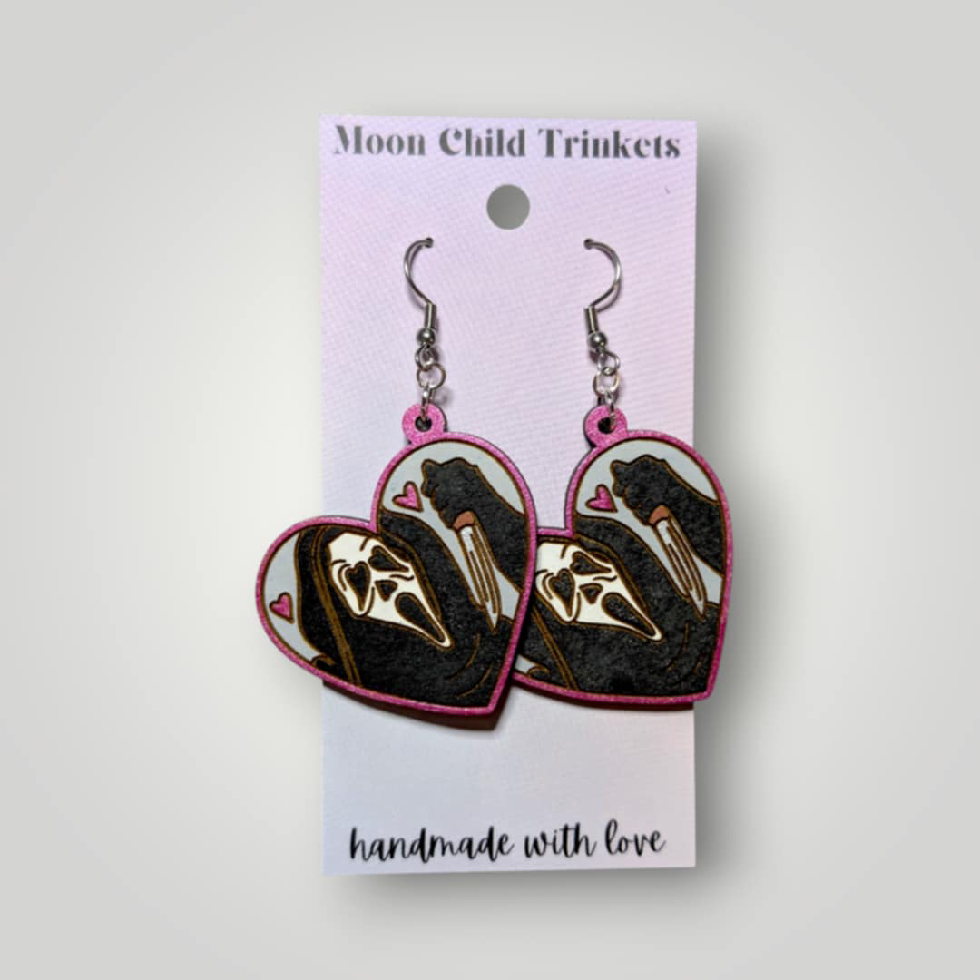Ghost Face Scream Hand Painted Wood Dangle Earrings