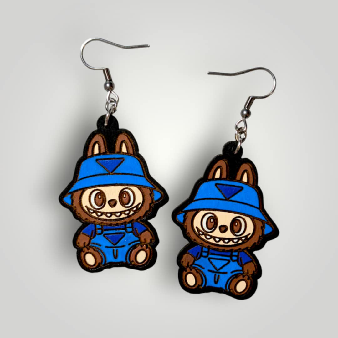 Labubu in Overalls Hand Painted Wood Earrings