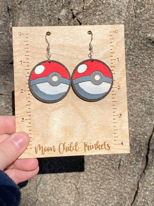 Poke Ball Pokemon Hand Painted Wood Dangle Earrings image 0