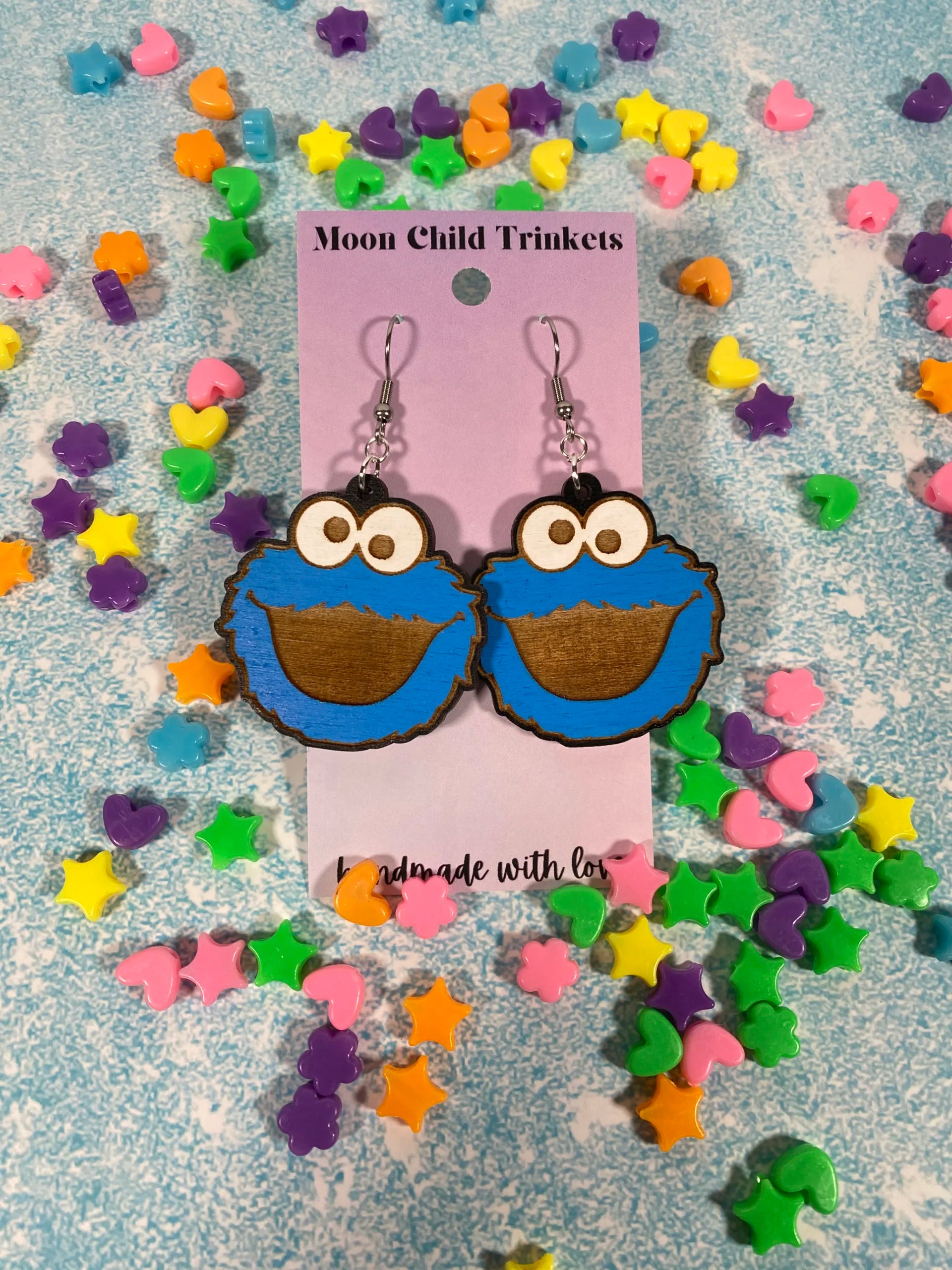 Cookie Monster Hand Painted Wood Dangle Earrings - Sesame Street Collection image 1