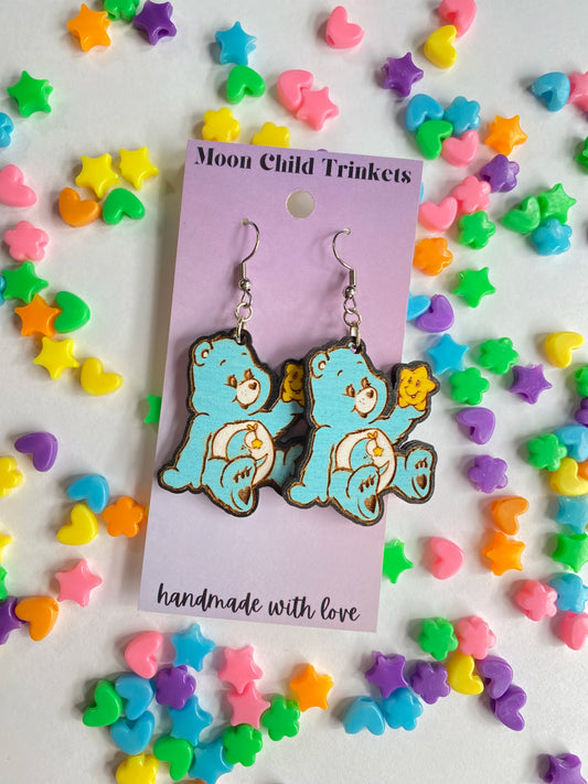 Bedtime Care Bear Hand Painted Wood Dangle Earrings image 0