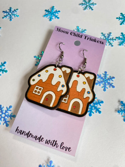 Gingerbread House Hand Painted Wood Dangle Earrings image 1