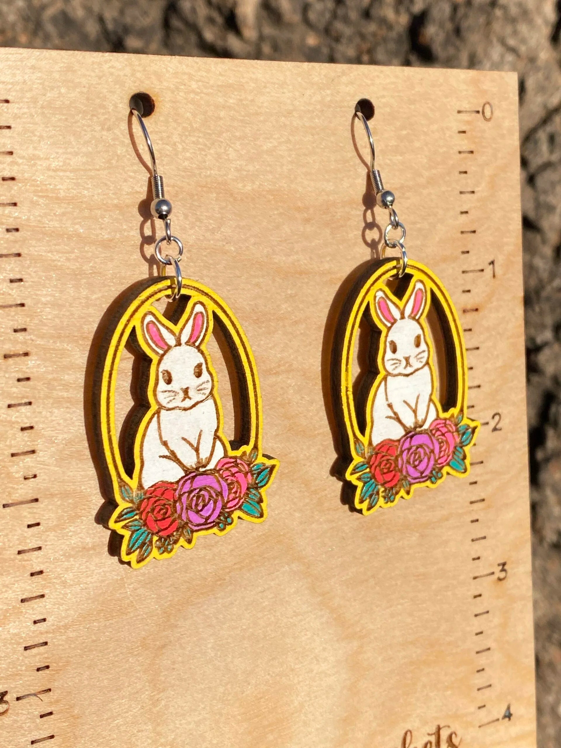 Easter Bunny Basket Hand Painted Wood Dangle Earrings image 0