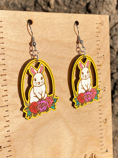 Easter Bunny Basket Hand Painted Wood Dangle Earrings image 0
