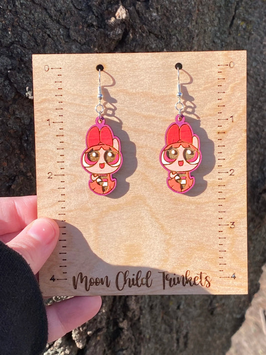 Powerpuff Girls Blossom Hand Painted Wood Dangle Earrings image 0