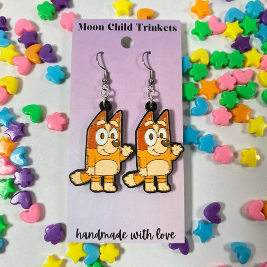 Bingo Hand Painted Wood Dangle Earrings (Bluey inspired)