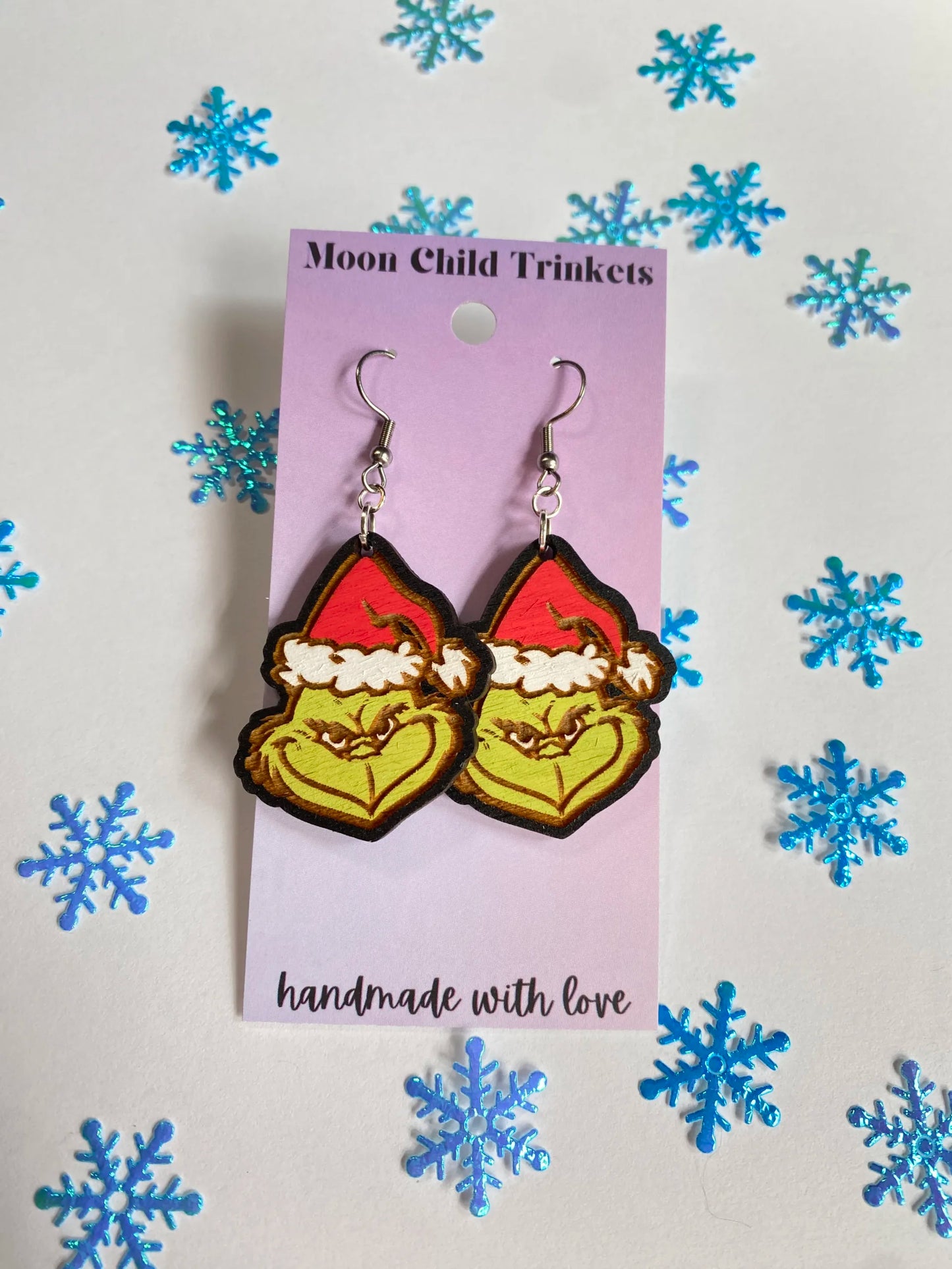 The Grinch Hand Painted Wood Dangle Earrings image 0