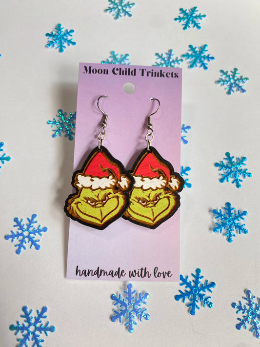 The Grinch Hand Painted Wood Dangle Earrings image 0
