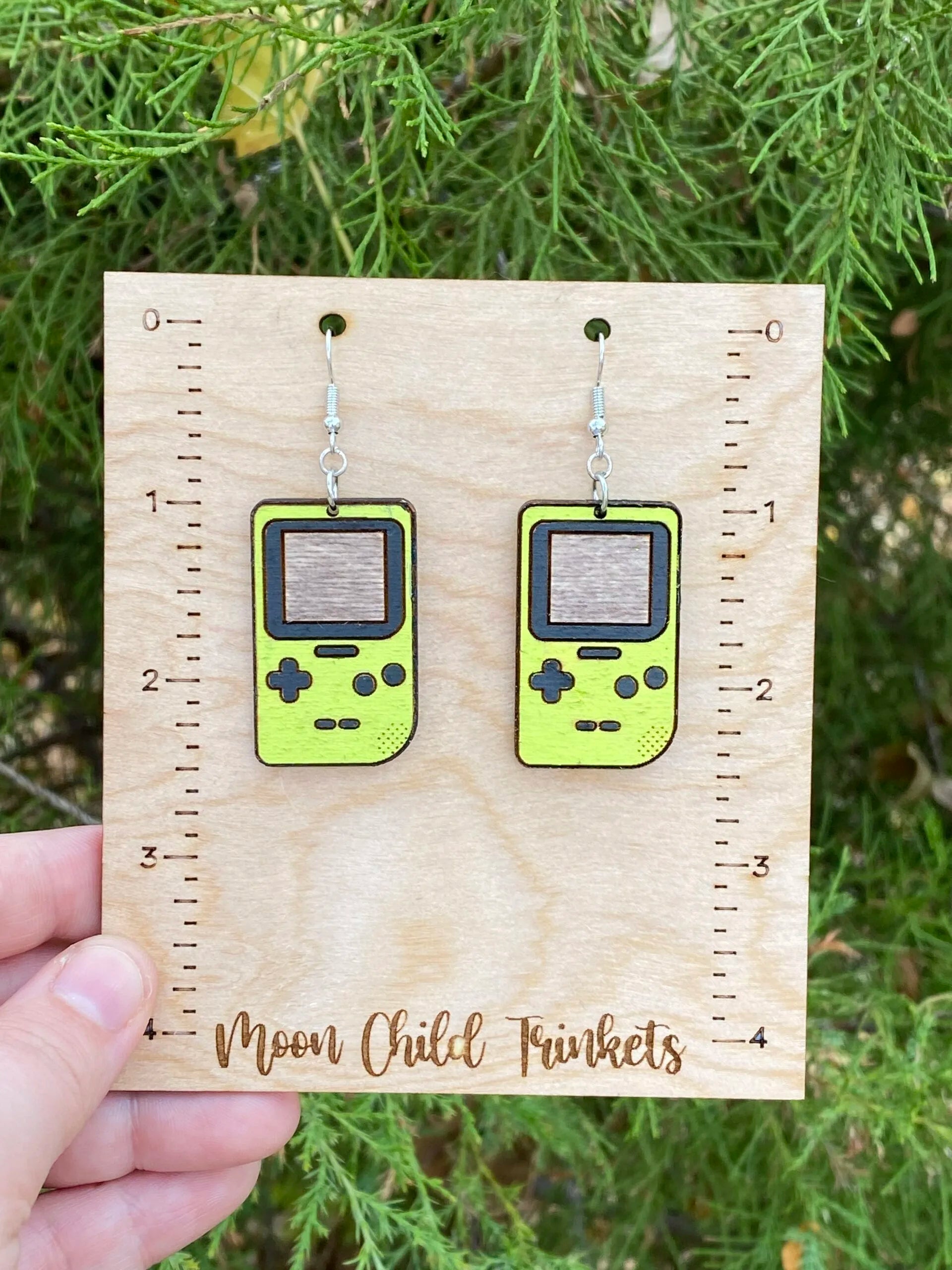 Gameboy Hand Painted Wood Dangle Earrings - Lime Green image