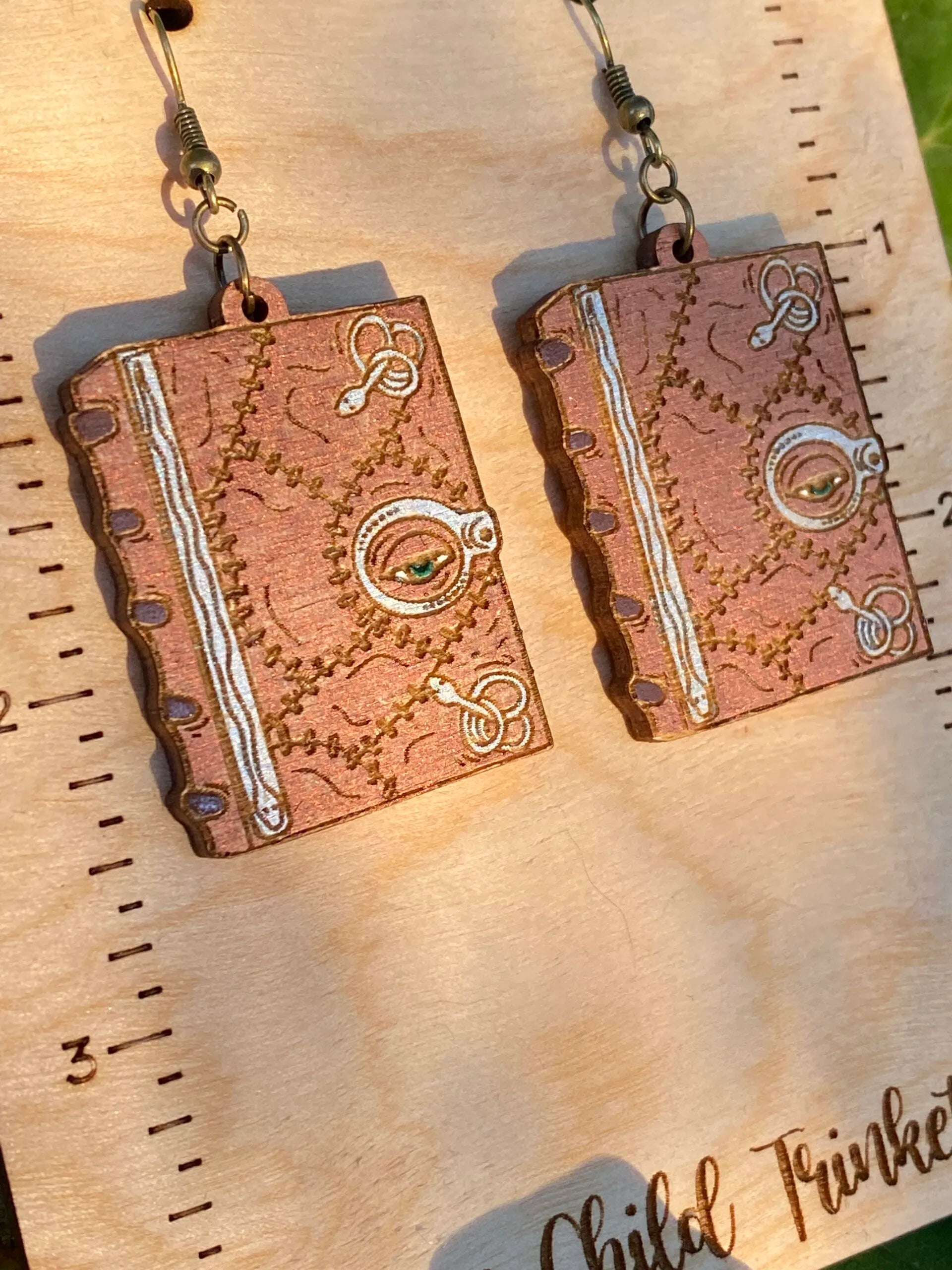 Hocus Pocus Spell Book Hand Painted Wood Dangle Earrings image 1