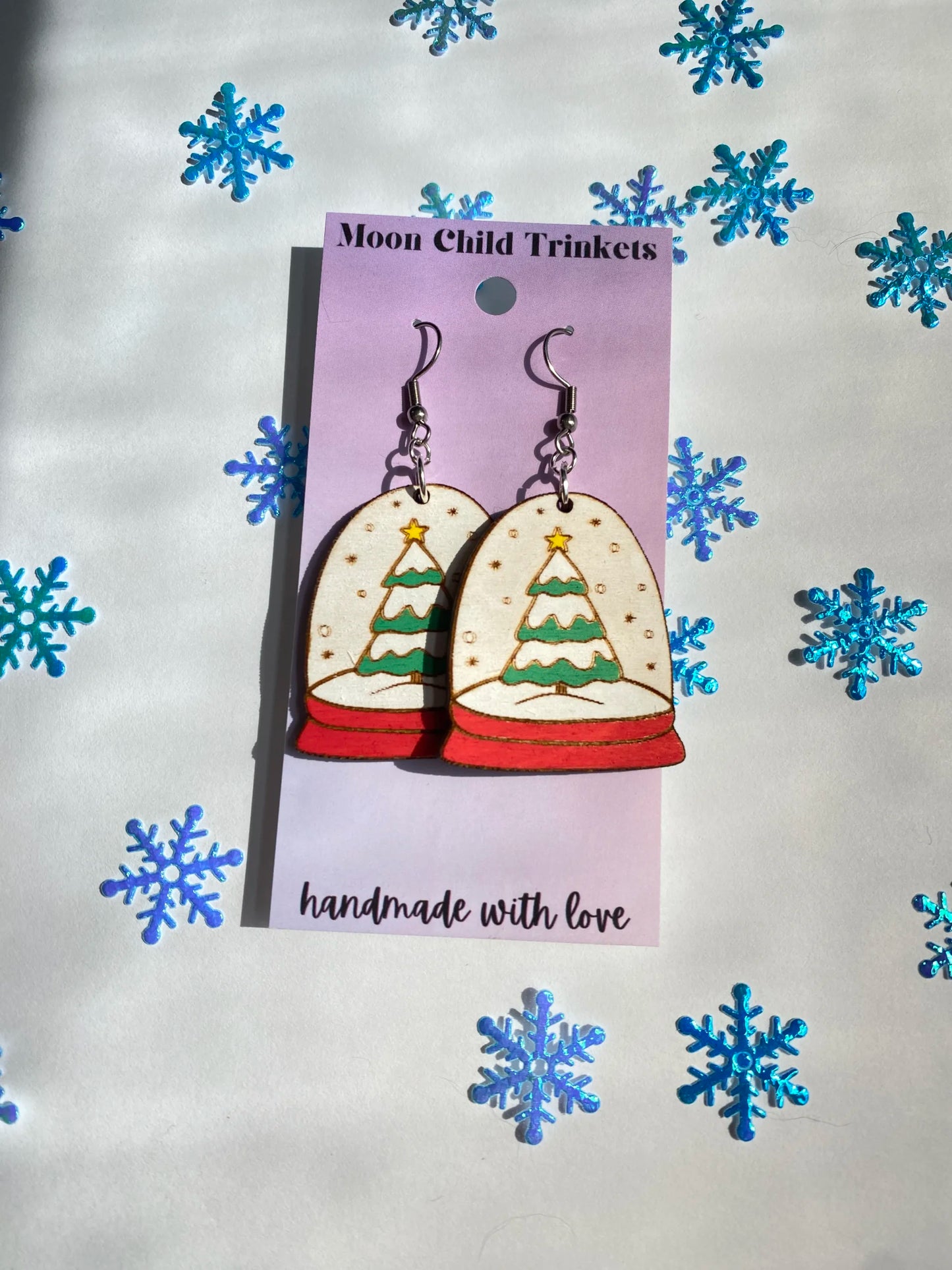 Christmas Snow Globe Hand Painted Wood Dangle Earrings image 0