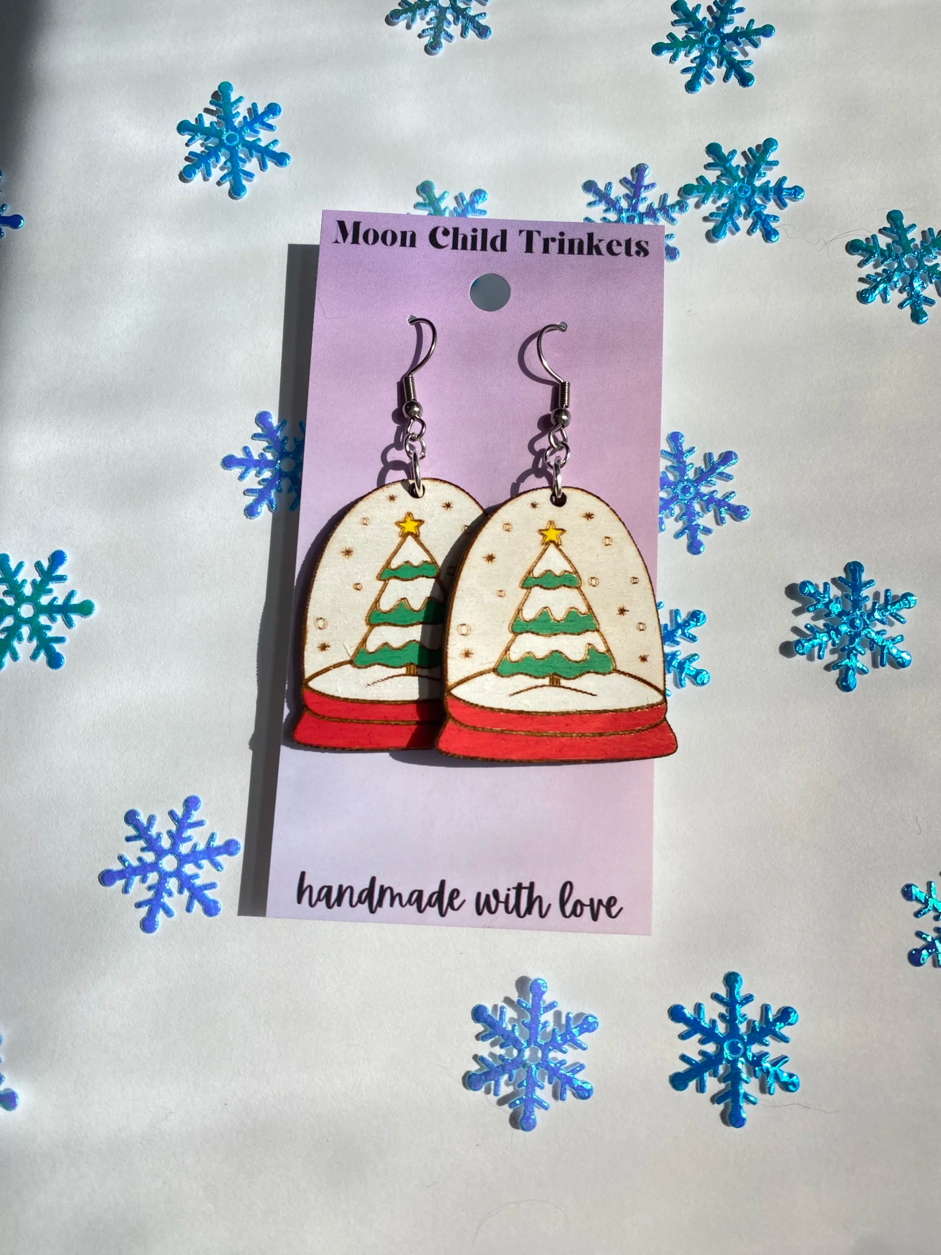 Christmas Snow Globe Hand Painted Wood Dangle Earrings image 0