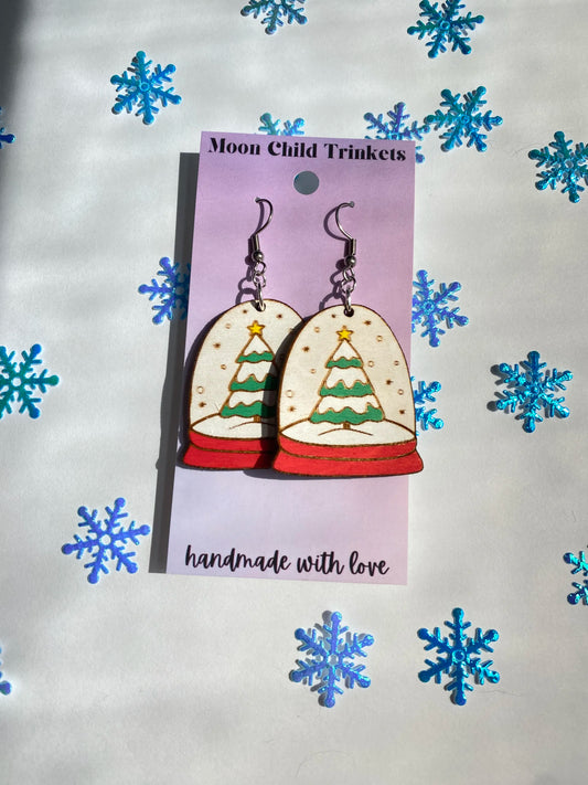 Christmas Snow Globe Hand Painted Wood Dangle Earrings image 0