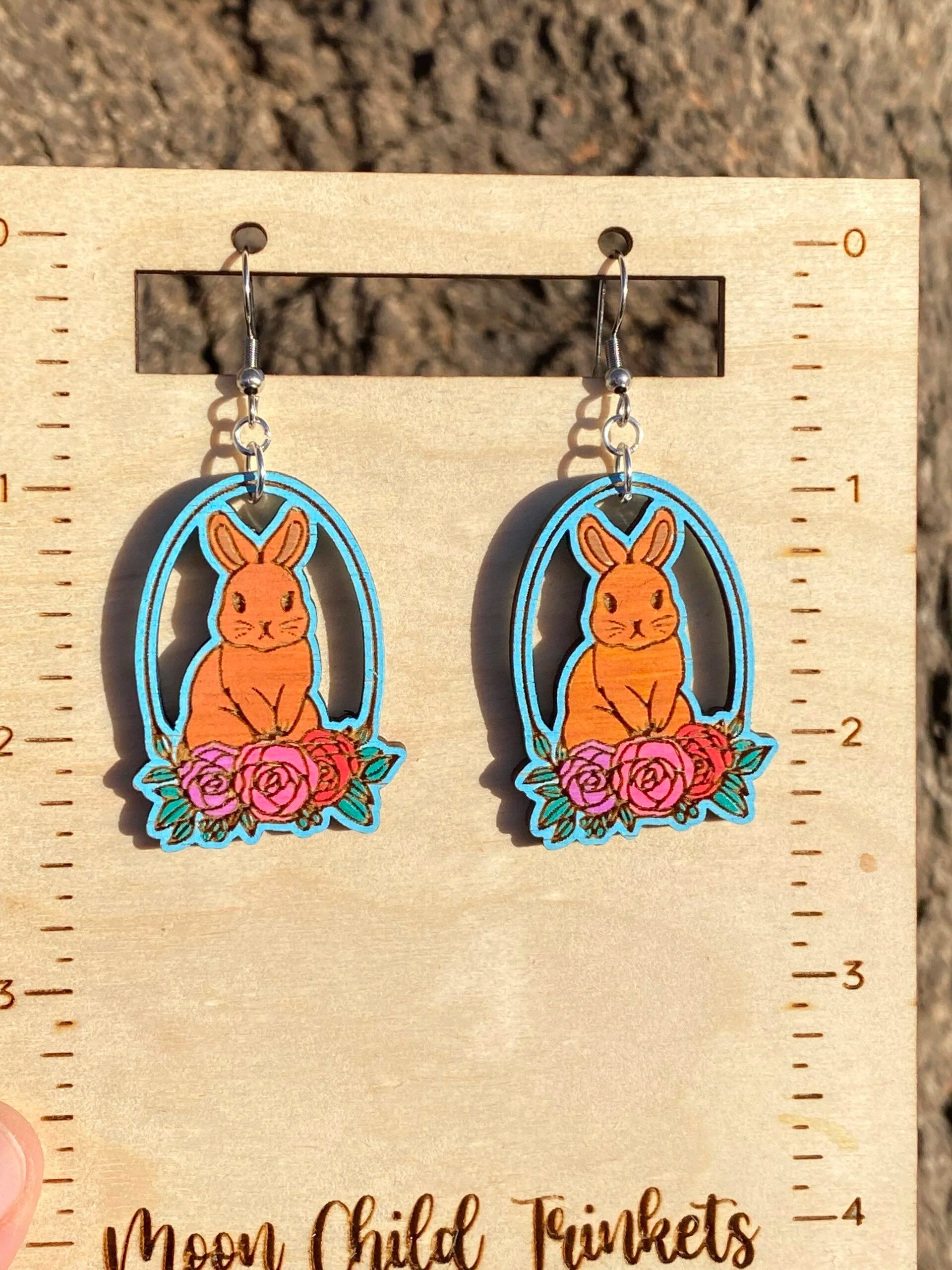 Chocolate Easter Bunny Basket Hand Painted Wood Dangle Earrings image 0