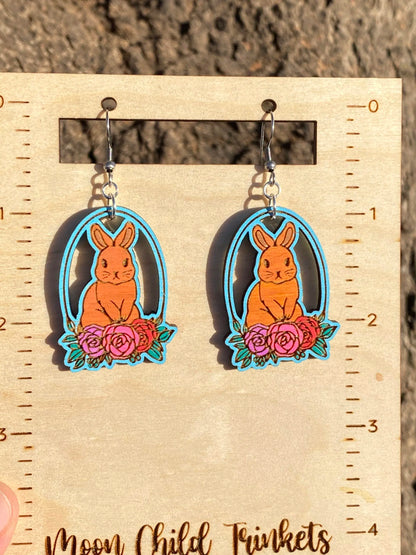 Chocolate Easter Bunny Basket Hand Painted Wood Dangle Earrings image 0