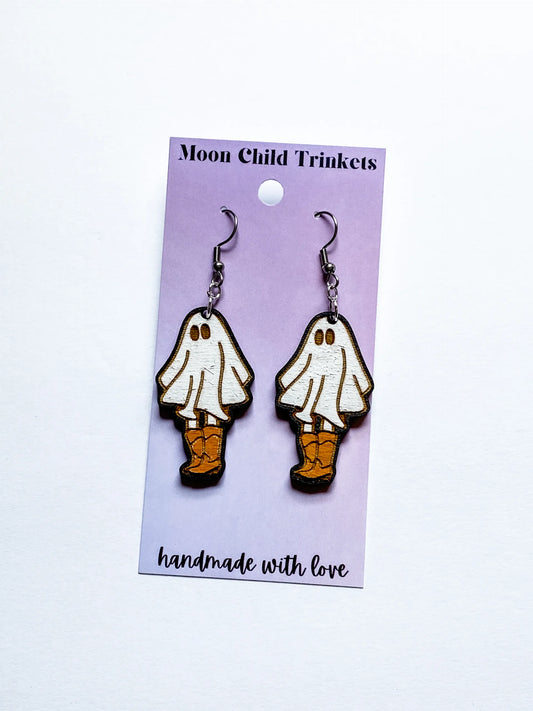 Cowgirl Ghost Hand Painted Wood Dangle Earrings image 0