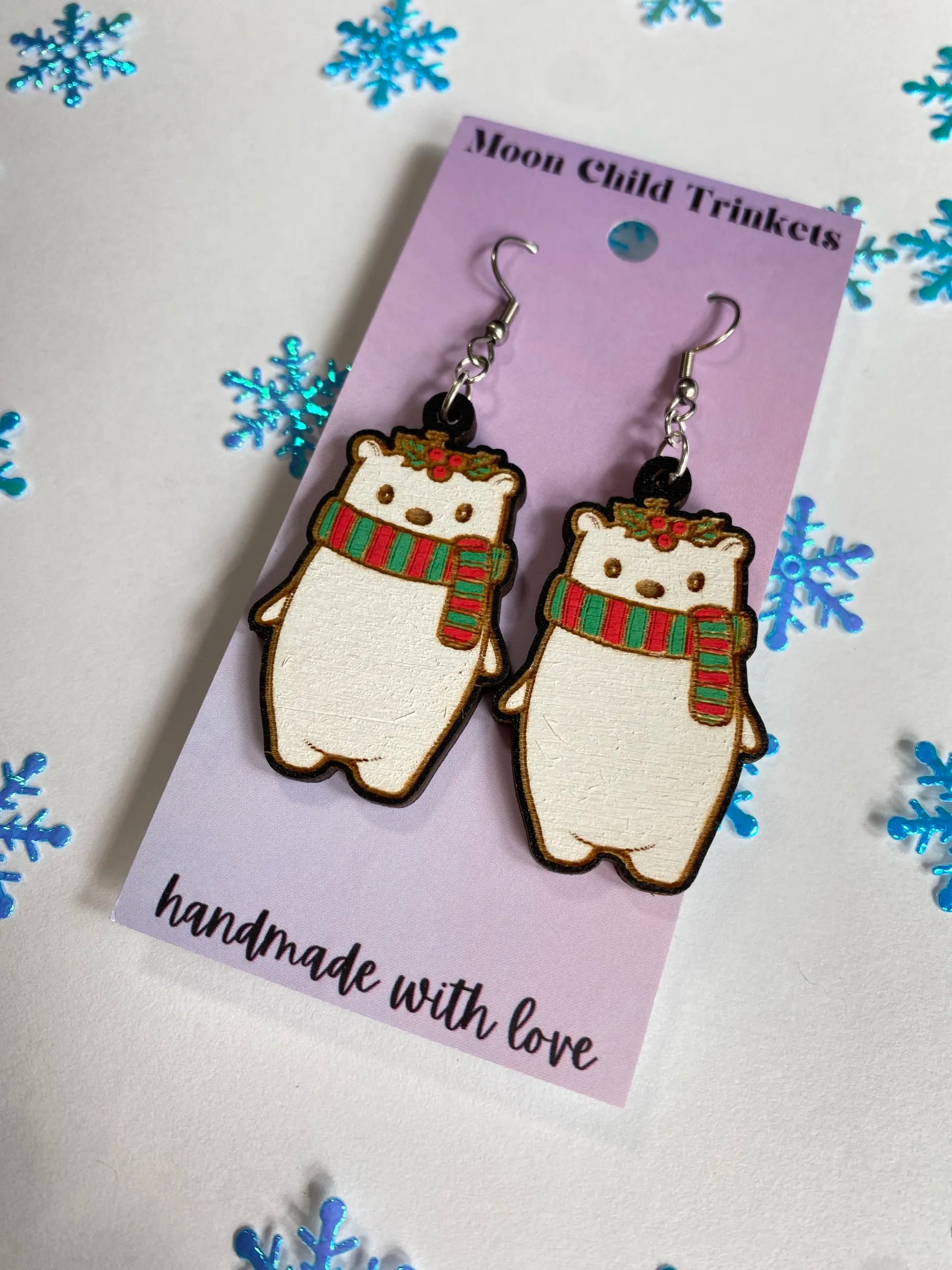 Christmas Polar Bear Hand Painted Wood Dangle Earrings image 1